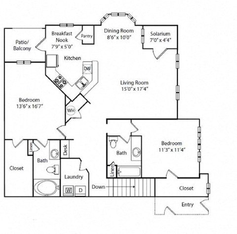 Floor plan for 2 beds, 2 baths, 1448 sqft